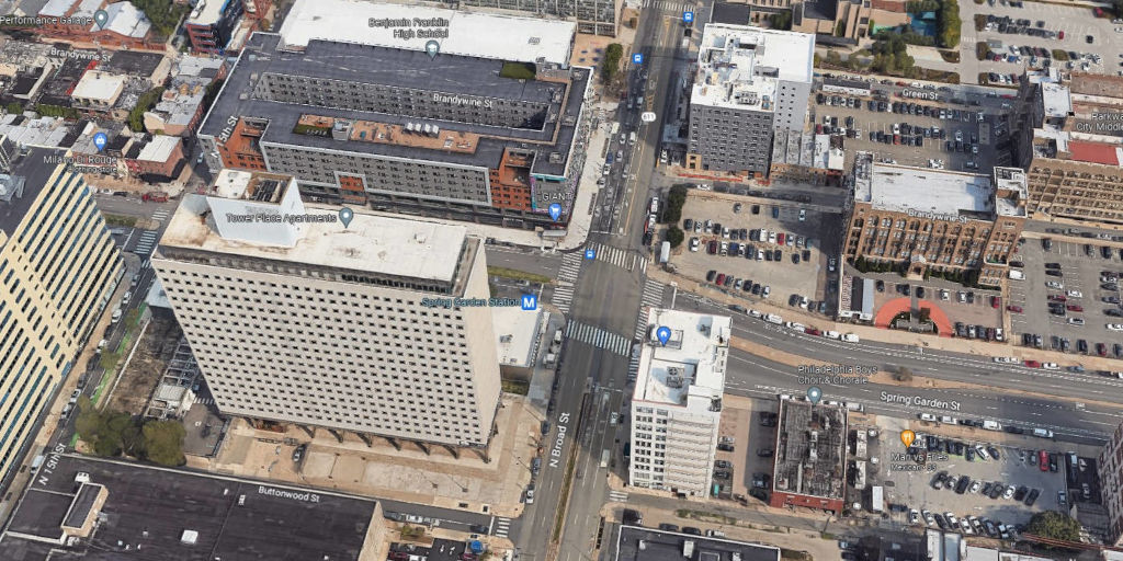 aerial view of the Broad and Spring Garden intersection [Google Maps]